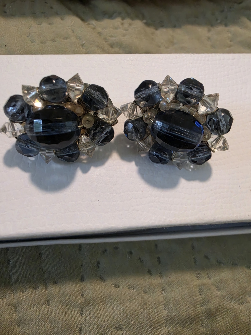 Vintage Style Black and Clear Cluster Clip-On Earrings. West Germany